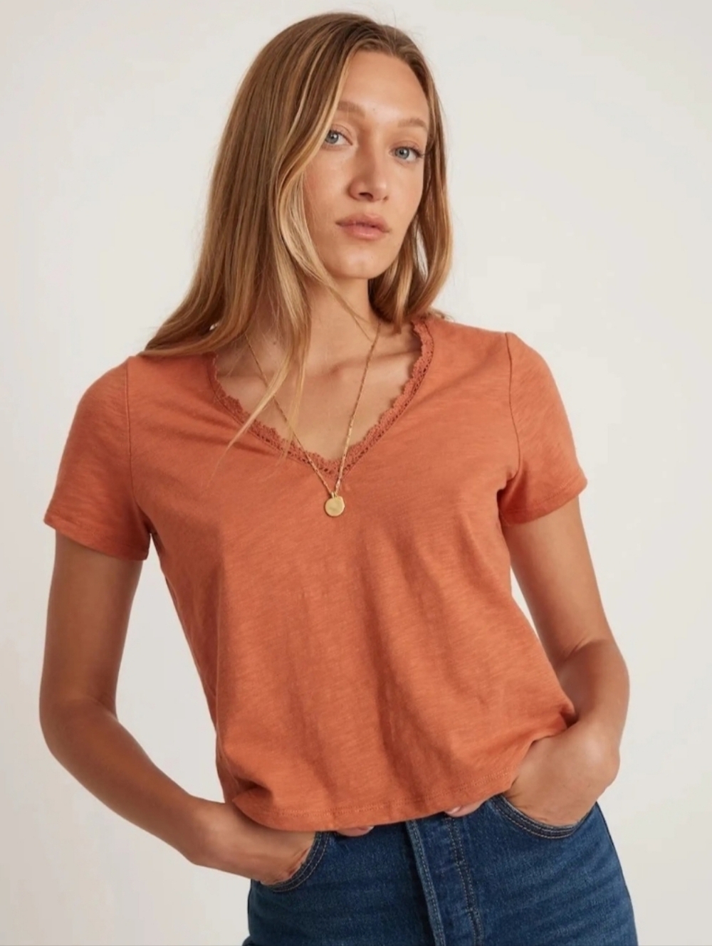 Marine Layer Lace Trim V-Neck Cropped Tee 100% Cotton Rust Orange Womens Size XS
